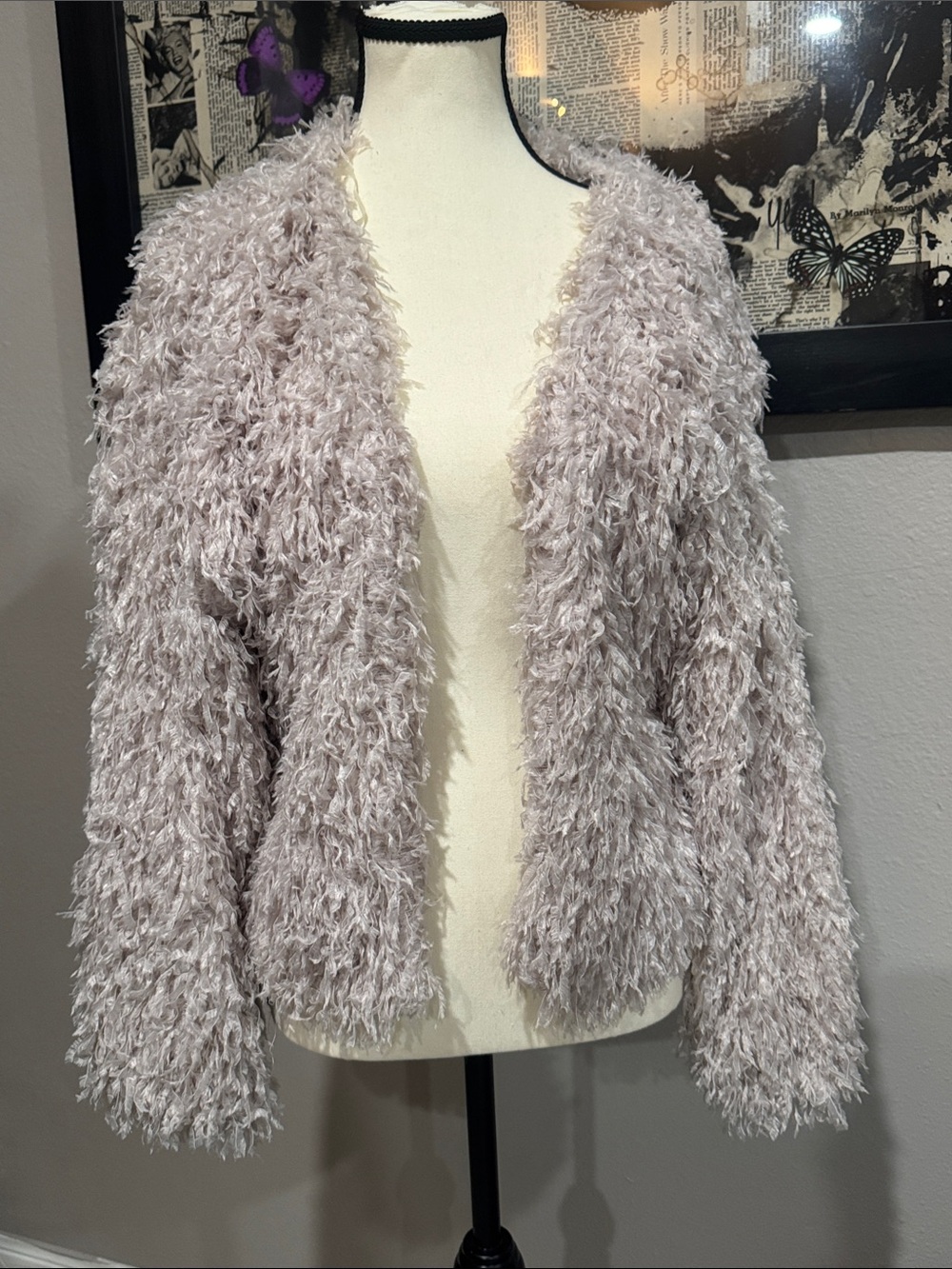 Shaggy Faux-Fur Open Front Jacket in Light Purple